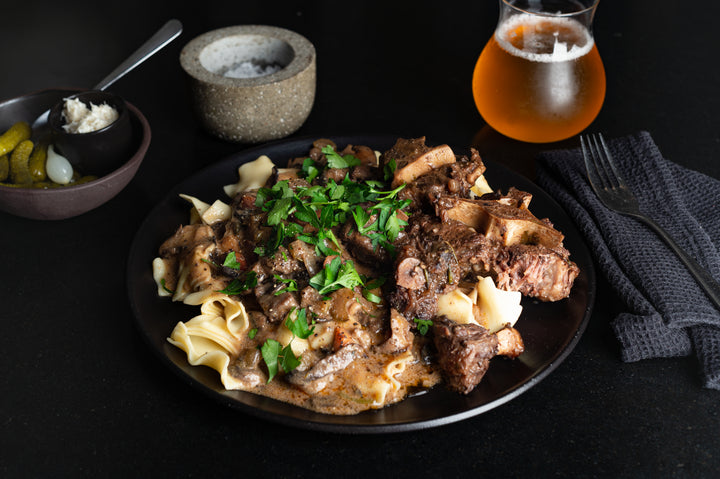 Braised Oxtail Stroganoff Served with Egg Noodles 